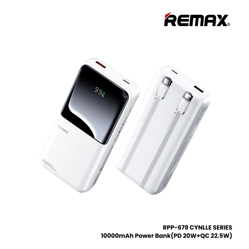 Remax RPP-679 10000mah 22.5W Fast Charge LED Power Bank With Cables For iPhone/Type C White
